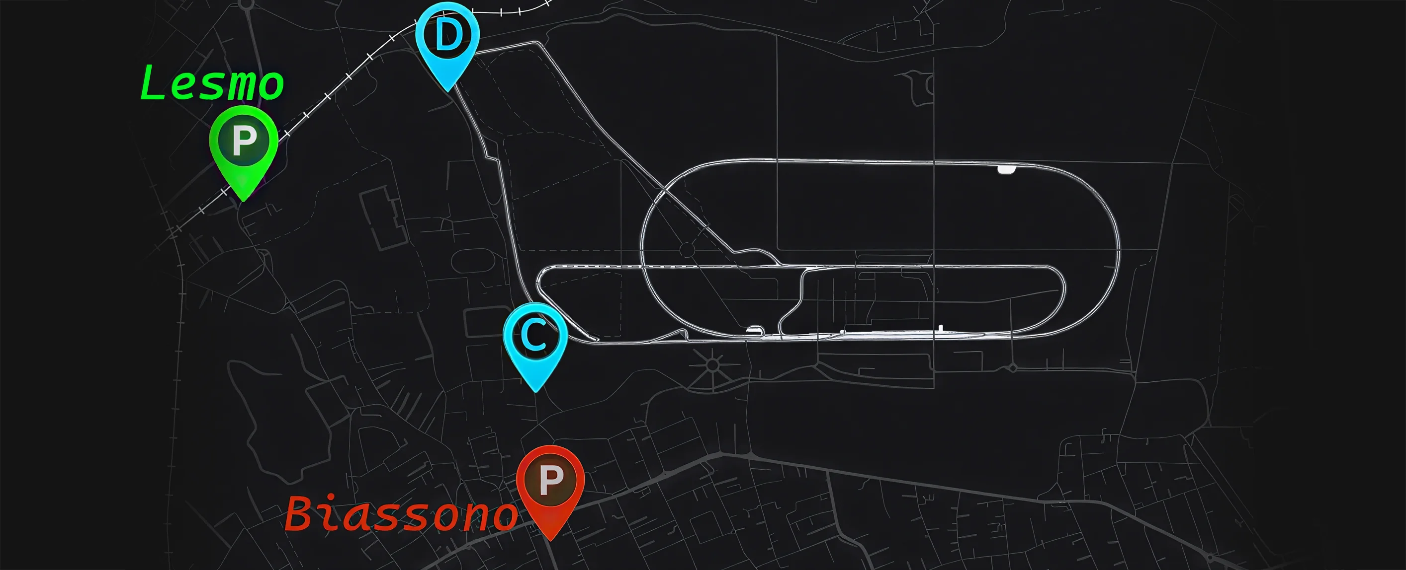 Mappa: le aree di parcheggio Monza Parking e l'Autodromo Nazionale di Monza